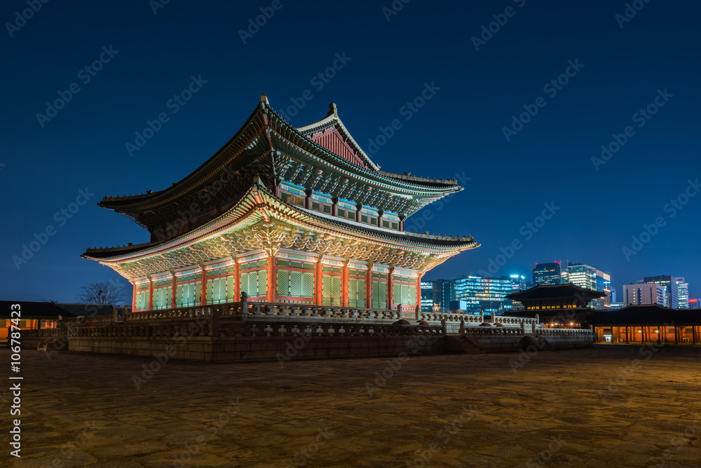 Korea,Gyeongbokgung palace at night in Seoul, South Korea.