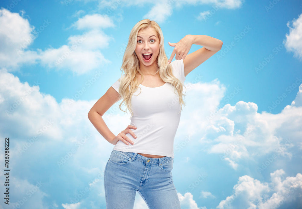 happy young woman or teenage girl in white t-shirt happy young woman or teenage girl in white t-shirt