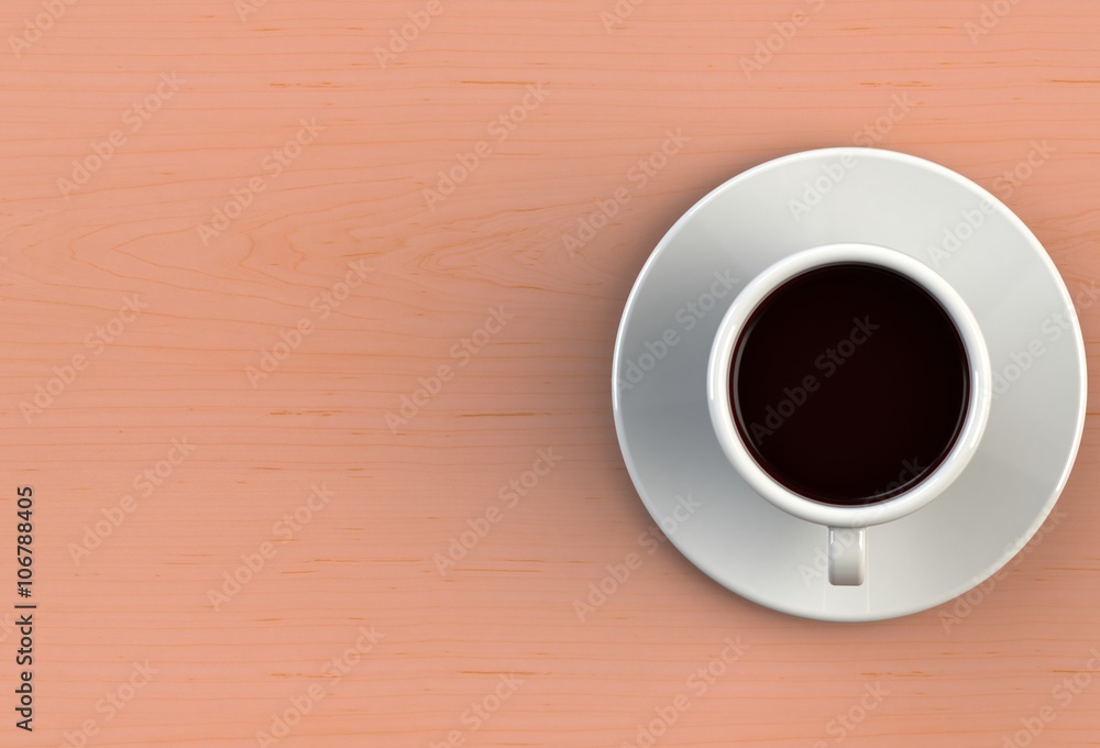 3D rendering coffee cup on red wood table 3D rendering coffee cup on red wood table