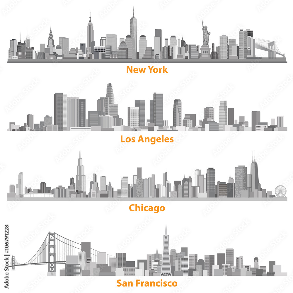 New York, Chicago, Los Angelews and San Francisco skylines illustrations in grey scales
