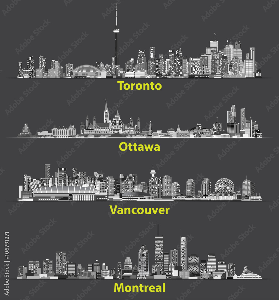 Toronto, Ottawa, Vancouver, Montreal cities skylines vector illustrations