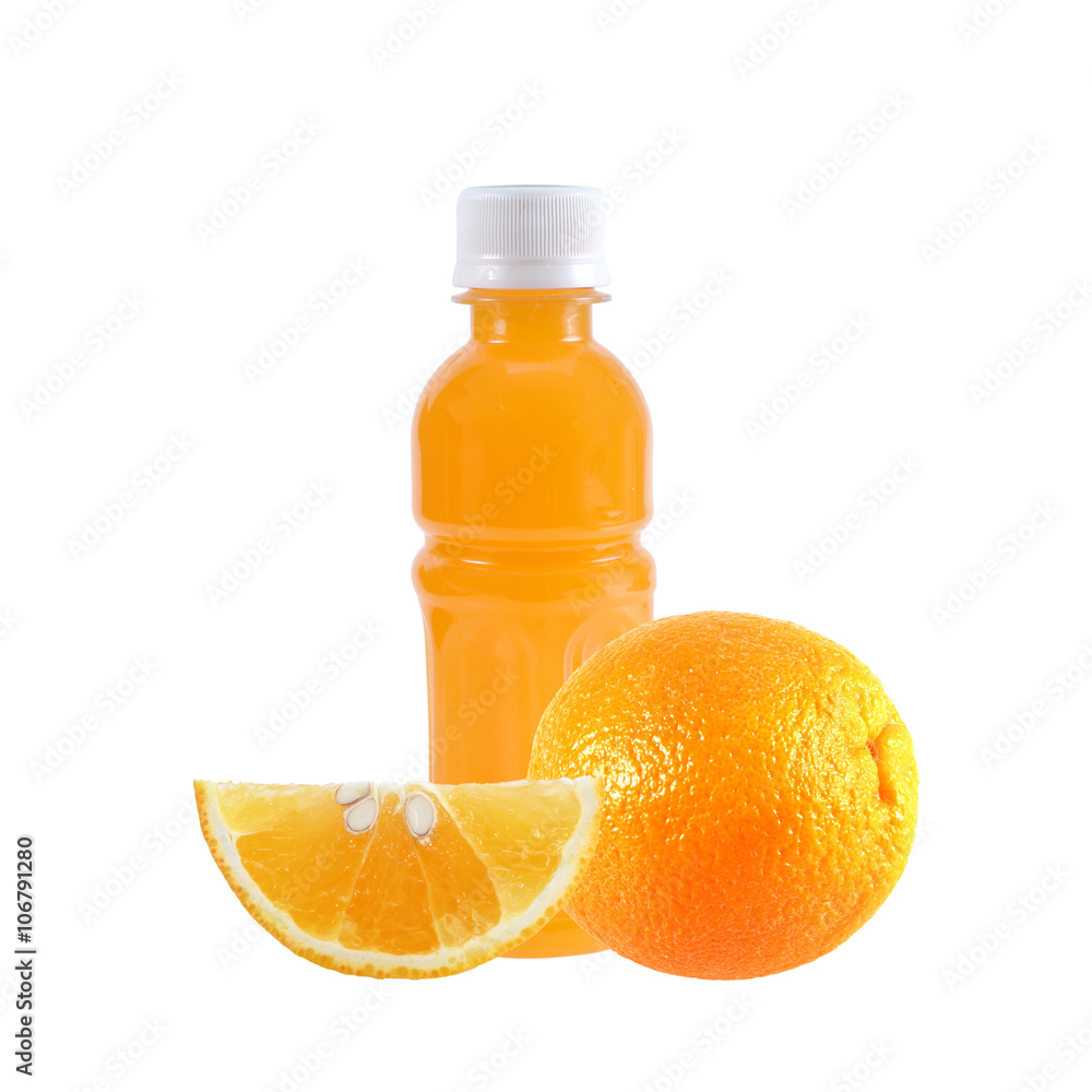 Orange fruit with Orange juice in a bottle isolated on white Orange fruit with Orange juice in a bottle isolated on white