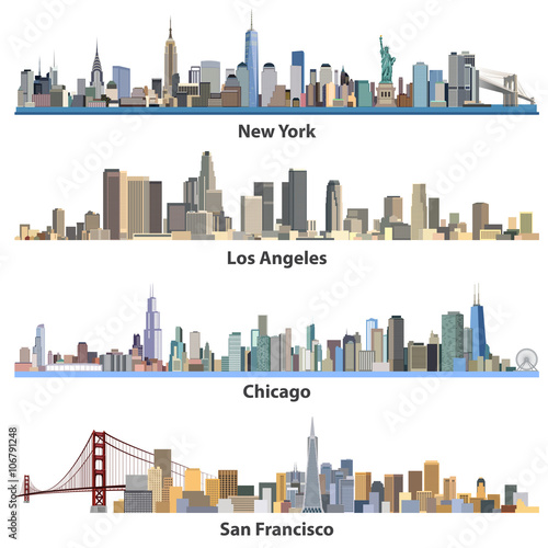 New York, Chicago, Los Angelews and San Francisco skylines vector illustrations