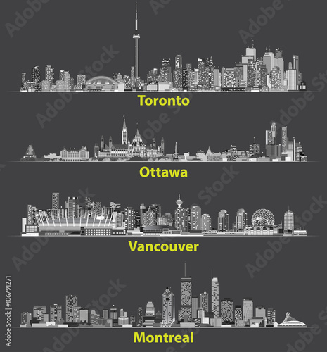 Toronto, Ottawa, Vancouver, Montreal cities skylines vector illustrations