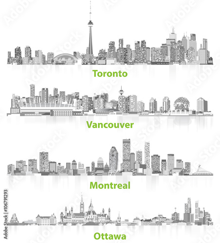 Toronto, Ottawa, Vancouver, Montreal cities skylines vector illustrations
