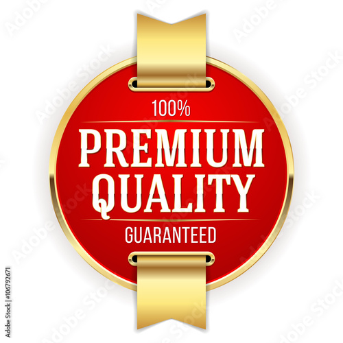 Red premium quality badge with gold ribbon