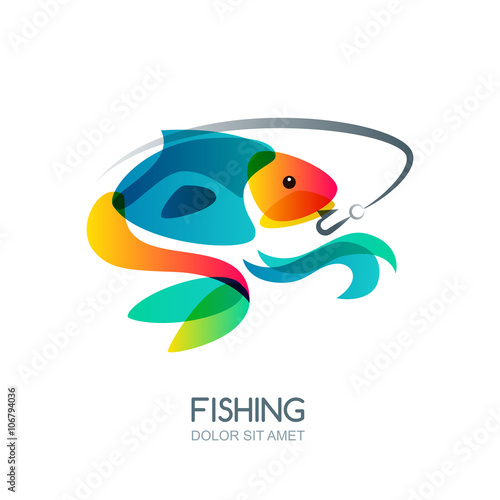 Abstract colorful fish and fishing hook. Vector fishing logo, label, emblem design elements. Trendy isolated illustration.