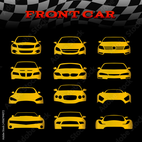 Yellow front body car and Checkered flags vector set design