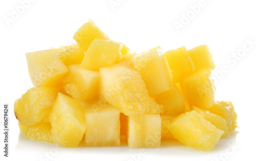Cubes of fresh pineapple isolated on white