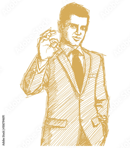 Sketch happy businessman in suit shows OK