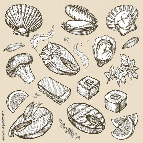 Hand drawn sketch set seafood. Vector illustration