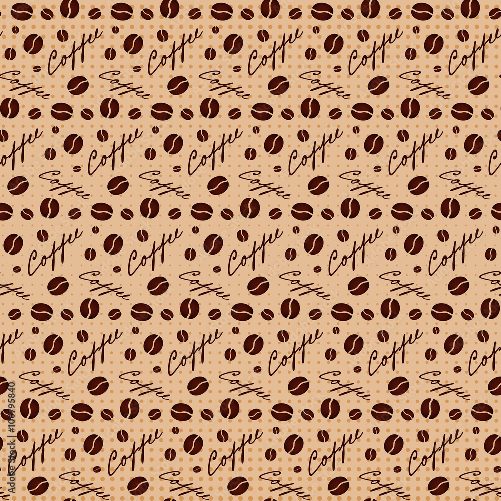 Brown seamless background with scattering of coffee beans and lettering. Seamless coffee pattern. Design for cards, wallpaper, posters, clothes Brown seamless background with scattering of coffee beans and lettering. Seamless coffee pattern. Design for cards, wallpaper, posters, clothes
