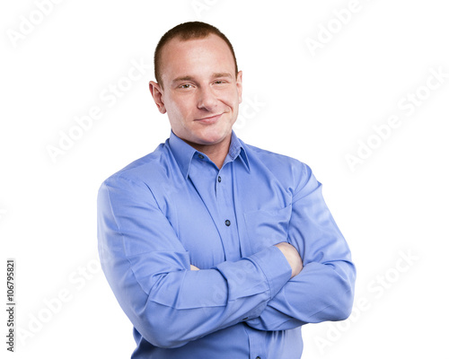 Business man in blue shirt standing apron isolated over white ba