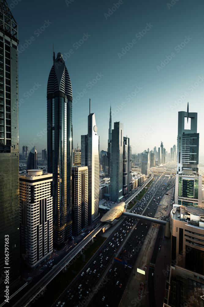 Naklejka premium Dubai skyline in sunset time, United Arab Emirates