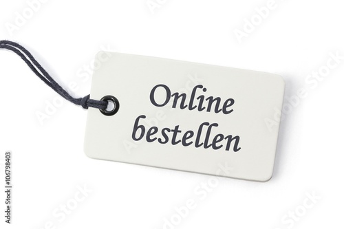 "Online bestellen" - Anhängerlabel aus Karton mit Schnur