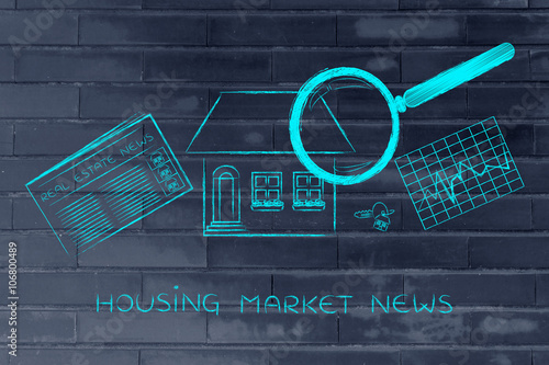 Fotografija house, news & stats with magnifying glass; housing market news
