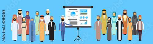 Muslim Business People Group Presentation Flip Chart Finance, Arabic Indian Businesspeople Team Training Conference Meeting