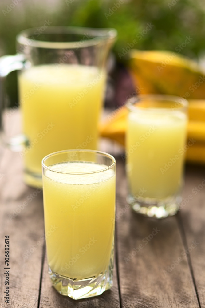 Freshly prepared juice out of the Ecuadorian Babaco fruit (lat. Vasconcellea x heilbornii; syn. Carica pentagona) (Selective Focus, Focus on the front rim of the glass) Freshly prepared juice out of the Ecuadorian Babaco fruit (lat. Vasconcellea x heilbornii; syn. Carica pentagona) (Selective Focus, Focus on the front rim of the glass)