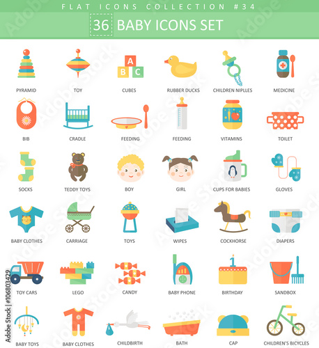 Vector Baby color flat icon set. Elegant style design.