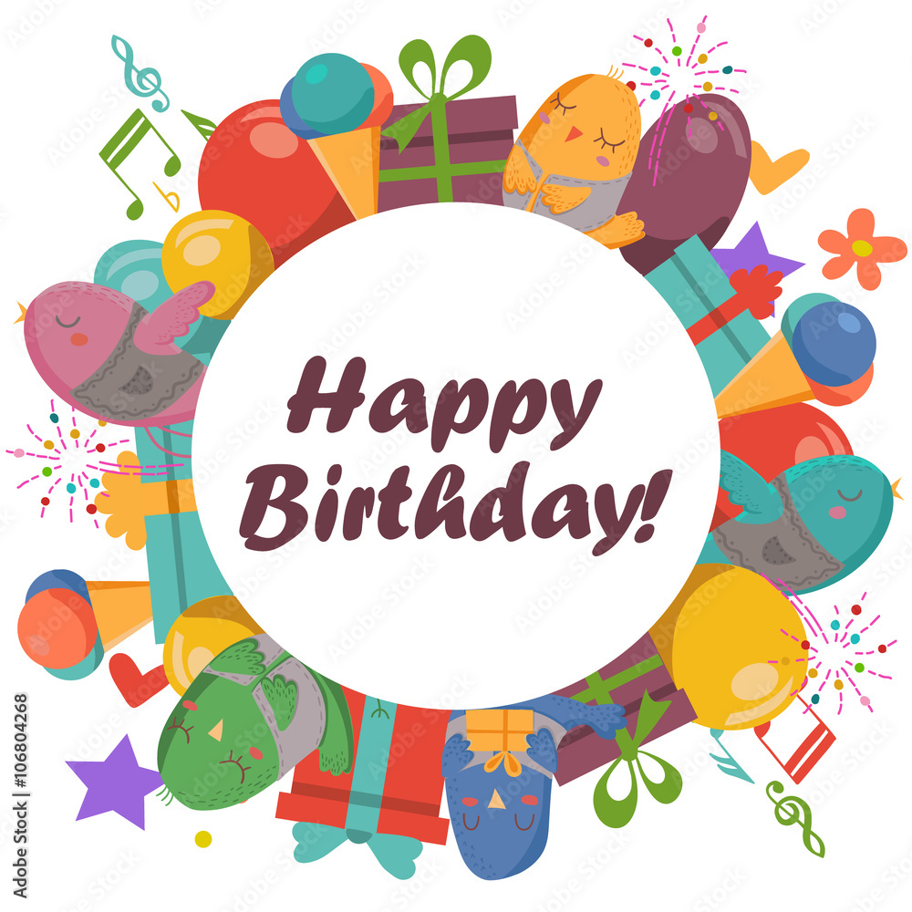 Fototapeta premium Birthday card with cute birds,flowers and balloons,Ice Cream gifts.