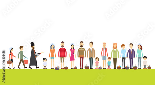 People Group Stand In Line, Priest Blessing Easter Basket, Consecrate Cakes, Eggs Happy Holiday 