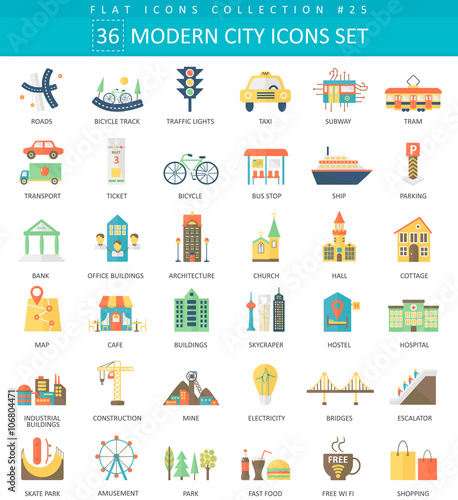 Vector Modern City color flat icon set. Elegant style design.