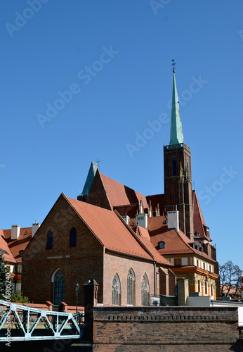 Old polish city Wroclaw. Top view Wroclaw. Panorama view Wroclaw. Red roofs and catherdals. Old Europe. 