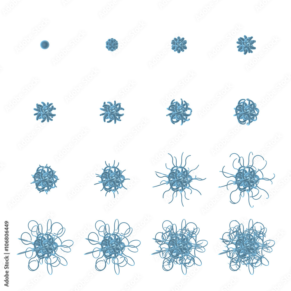 virus o cellula blu con filamenti e sequenza