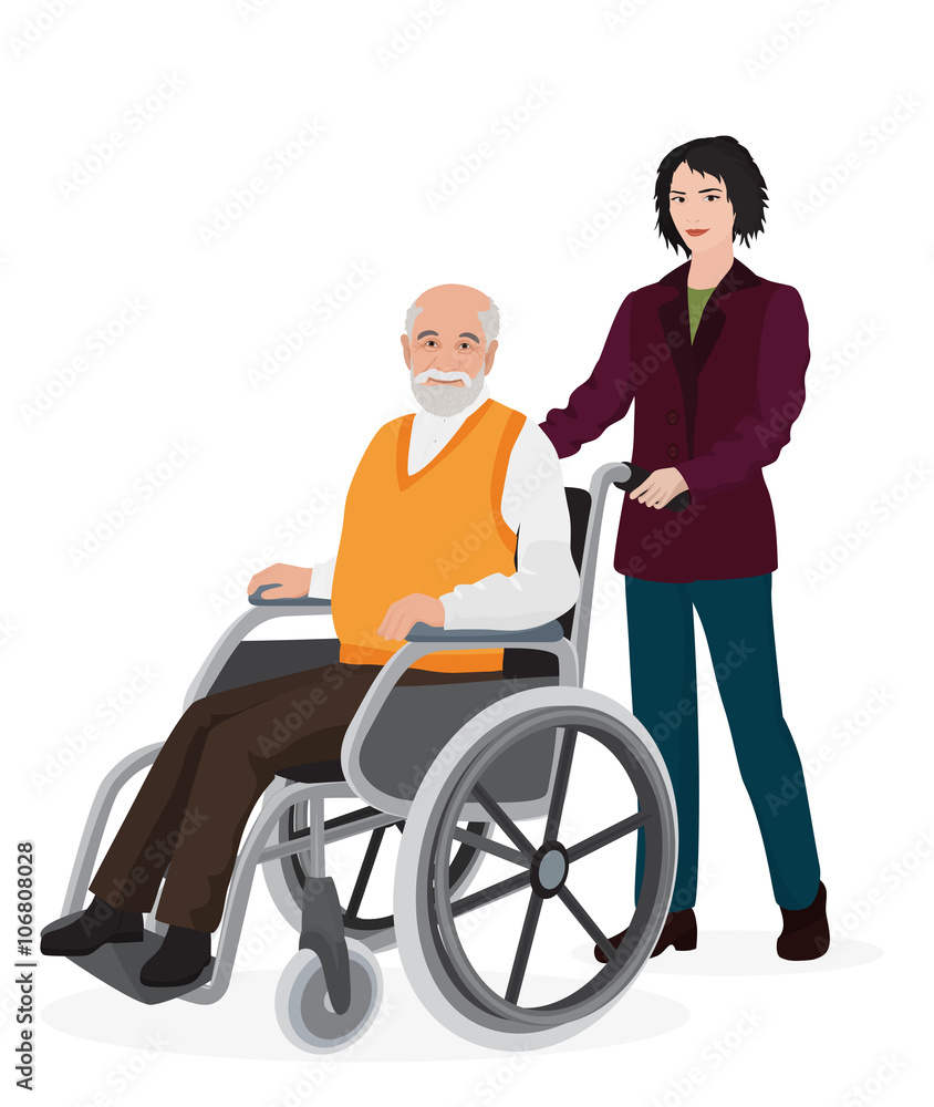 Young woman volunteer caring old disabled man in wheelchair. Young woman volunteer caring old disabled man in wheelchair.