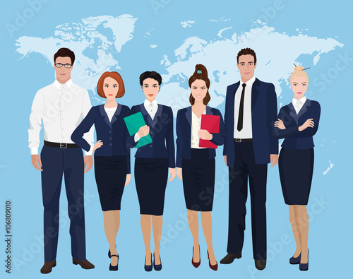 Happy group of a professional business team  standing over on world map background.