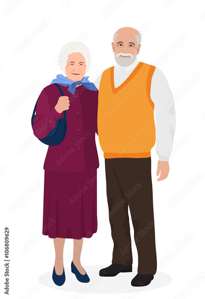 Happy grandfather and grandmother standing together. Old people in family. 