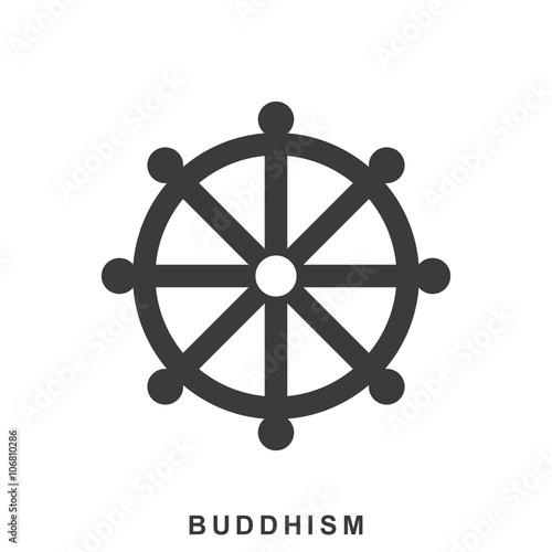 Wheel of Dharma, Dharmachakra - a symbol of Buddhism and Hinduism. Buddhism icon in flat style isolated on white