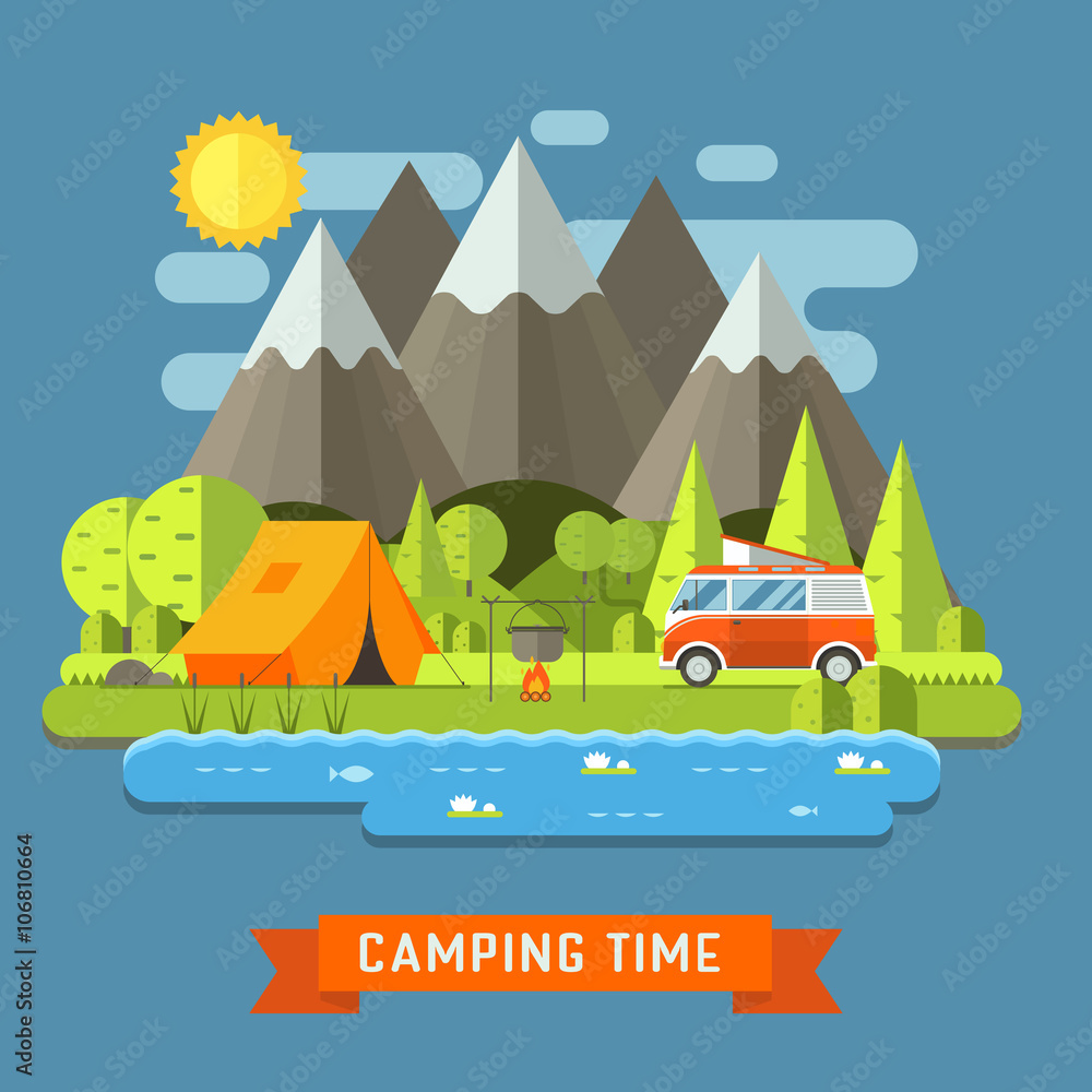 Camping Travel Flat Landscape with RV Camper Camping Travel Flat Landscape with RV Camper