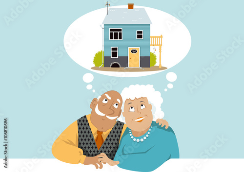 Elderly couple dreaming about a retirement cottage, EPS 8 vector illustration, no transparencies