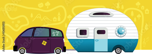 Van hauling a camper trailer, EPS 8 vector cartoon, no transparencies