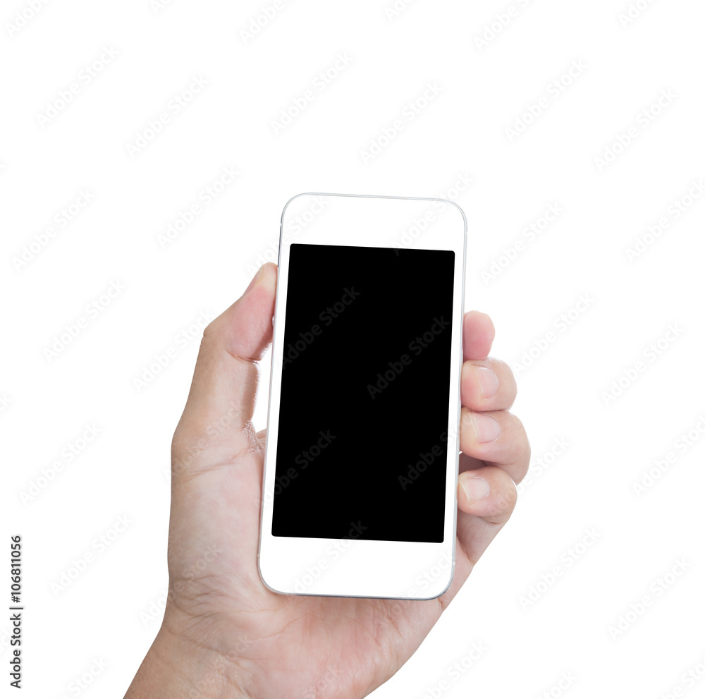 Hand holding blank screen mobile phone isolated on white backgro Hand holding blank screen mobile phone isolated on white backgro
