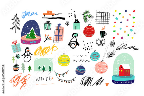 Collection of Cute hand drawn winter elements. Vector illustration. Templates for greeting scrapbooking, congratulations, invitations. Design set for winter holidays. Isolated.