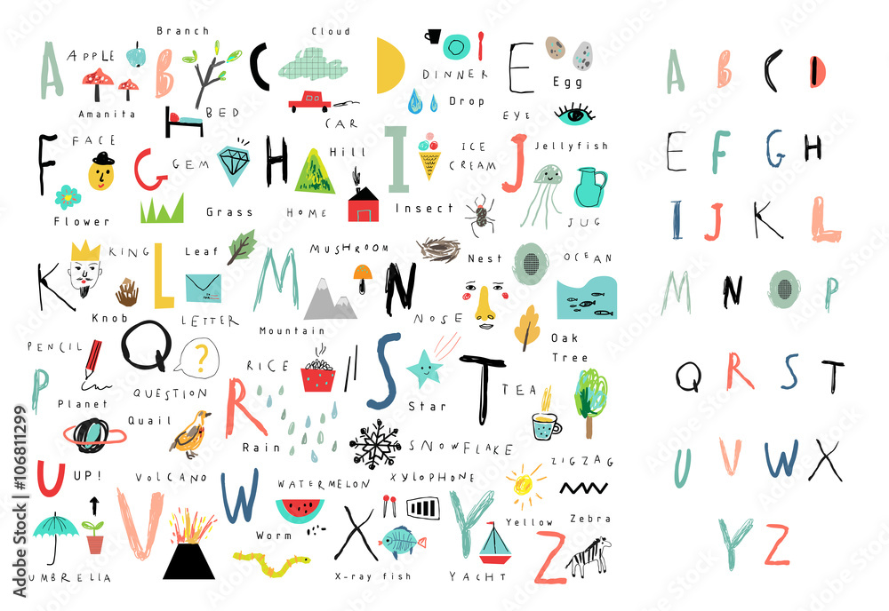 Cute alphabet. Letters and words. Learn to read. Isolated. Cute alphabet. Letters and words. Learn to read. Isolated.