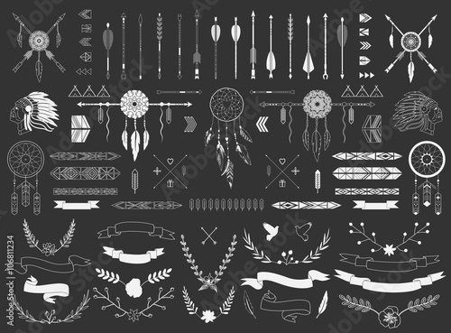 Arrows, ribbons, Indian elements, Aztec borders 