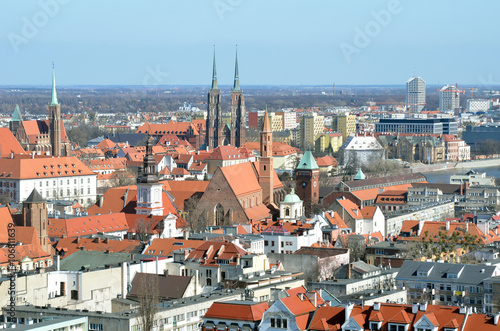 Old polish city Wroclaw. Top view Wroclaw. Panorama view Wroclaw. Red roofs and catherdals. Old Europe. 