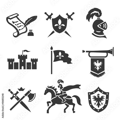 Knight medieval history vector icons set. Middle ages warrior weapons.