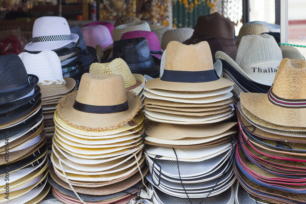Stall with summer hats at Chopsticks Hill in Hua Hin