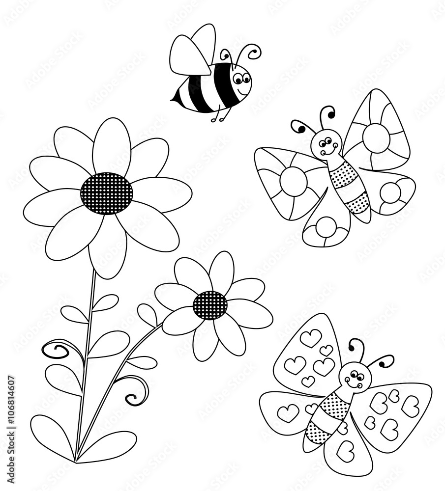 flowers and flying butterlies and bee - coloring book for children