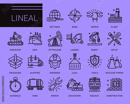 Line vector icons in a modern style. Heavy industry, delivery of goods by land, air and sea transport, species by professional activities, railways, conveyer
