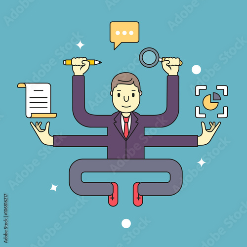 Concept of multitasking businessman who works with more arms. Management and multitasking