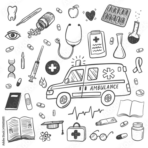 Hand drawn healthcare and medicine doodle icons set