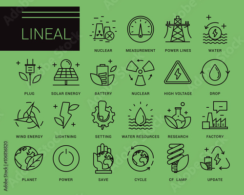 Line vector icons in a modern style. Heavy industry, power generation, water resources, pollution and environmentally friendly energy sources.