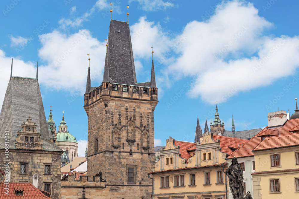 view of the building and old tower in Prague