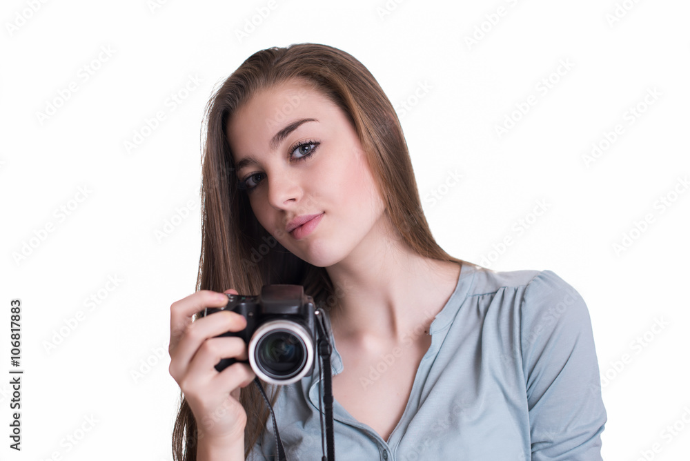 Happy young girl making photo with camera Happy young girl making photo with camera