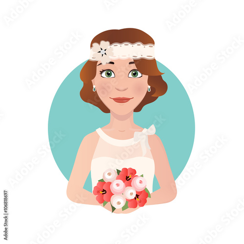Vintage bride with bridal bouquet. Hibiscus and roses.